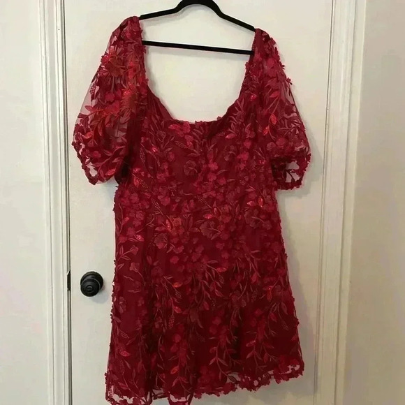 Torrid 3D Floral Mesh Puff Sleeve Skater Dress Red, Size 30 - Picture 3 of 6
